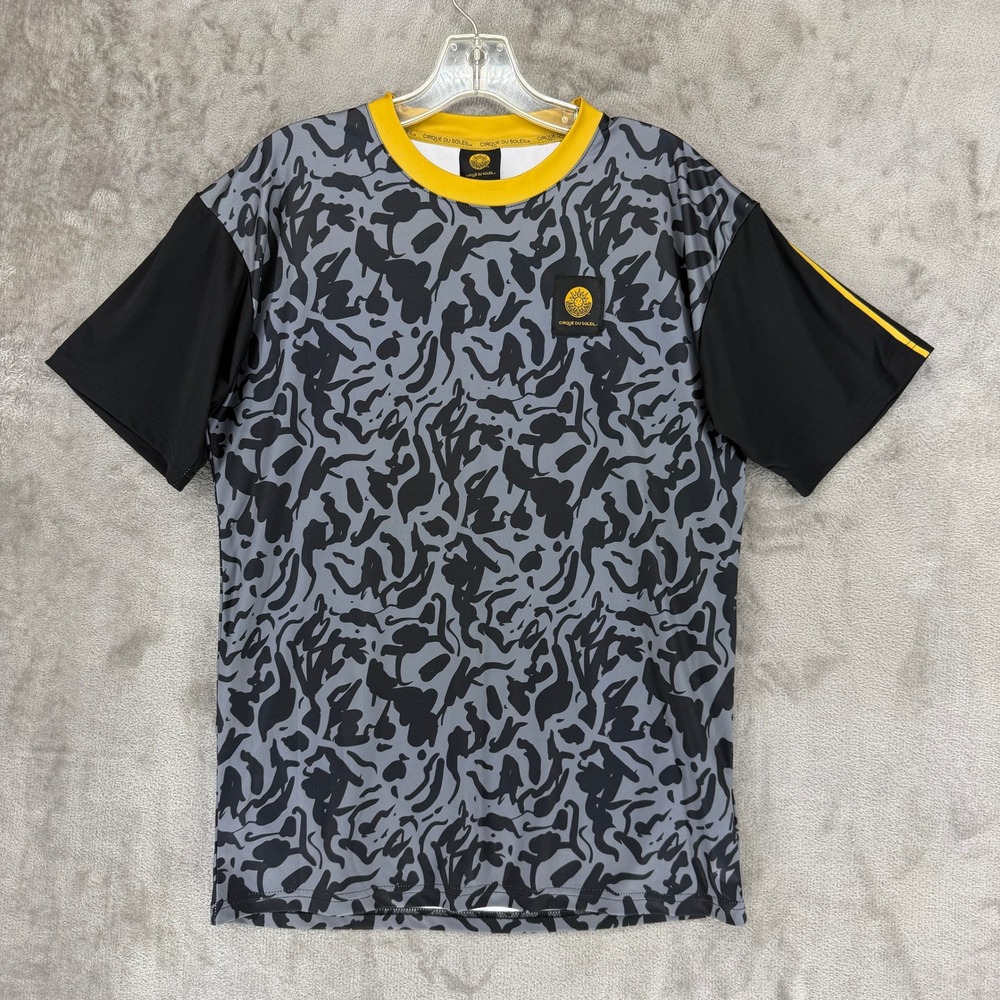 Cirque Du Soleil Mens Large Grey Black Abstract Performance T-Shirt Yellow Trim‎